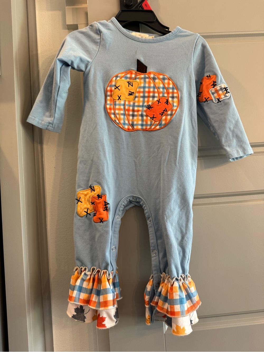 Light Blue Pumpkin Appliqué Footie One-Piece for Kids
